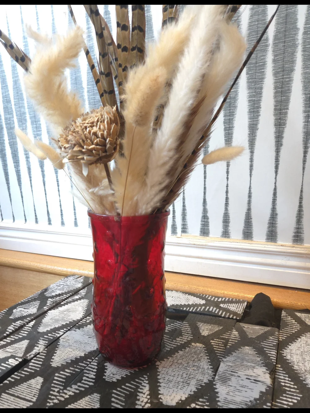 Vintage Ruby Red Embossed Glass Vase – Textured Cylinder Flower Vase Home Décor